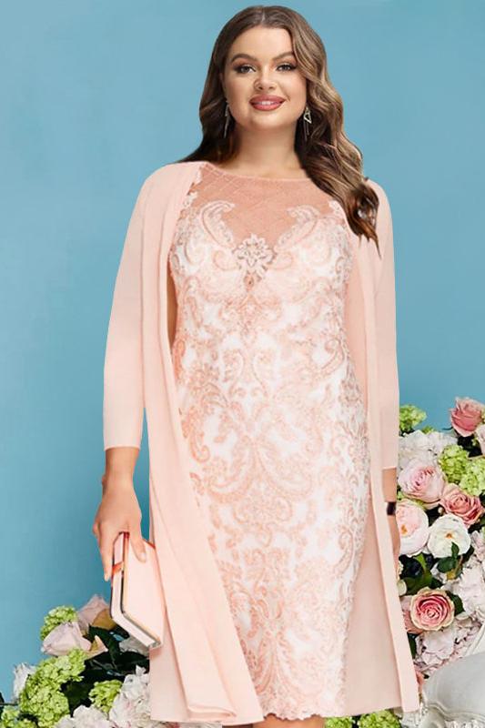 Plus Size Knee-Length Mother of the Bride Dress with Lace Beading Appliques and Long Sleeves