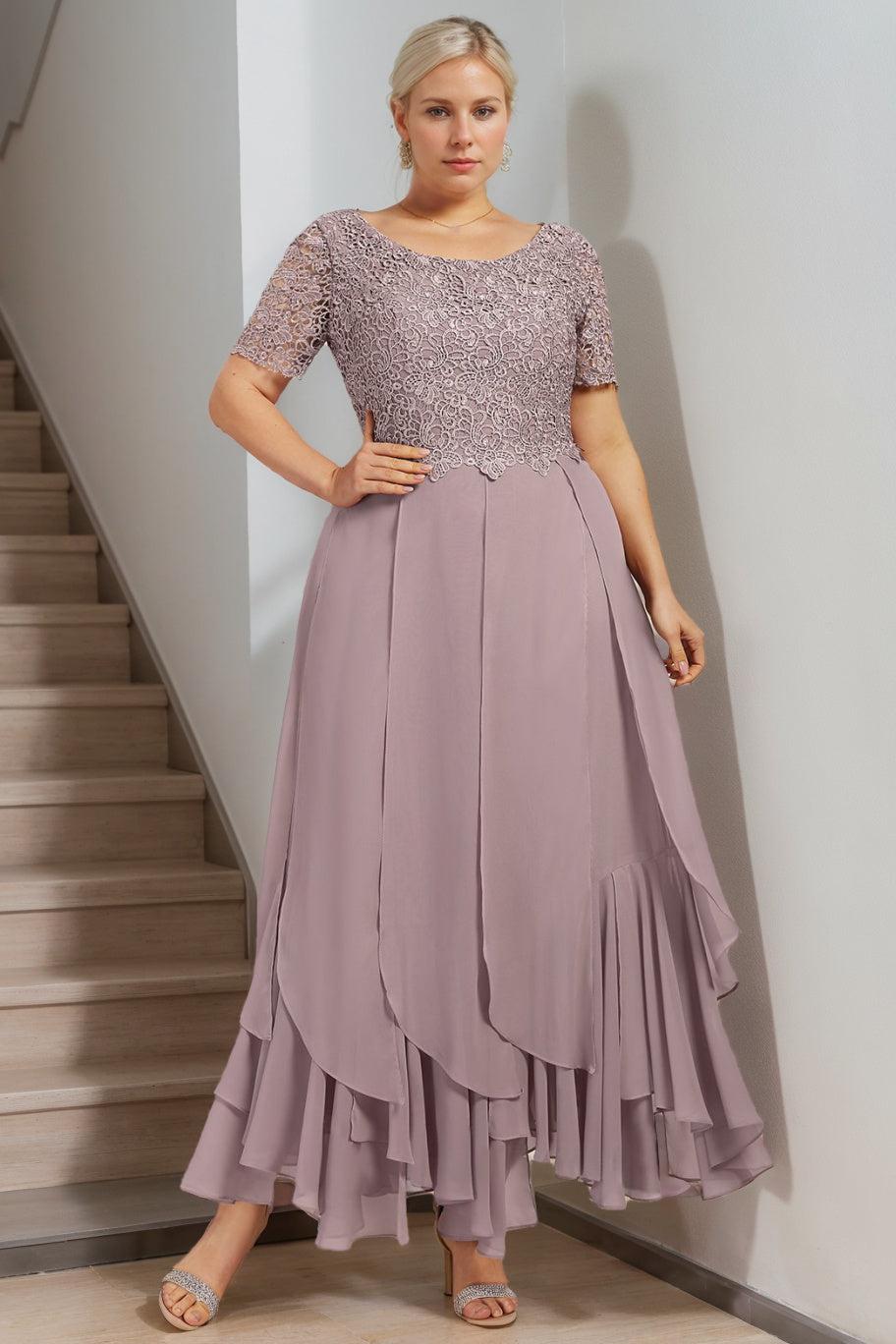 Plus Size Mother of the Bride A-Line Dress with Round Neck Short Sleeves and Cascading Ruffles