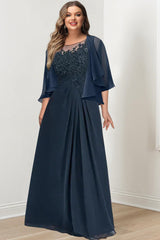 Plus Size Mother of the Bride A-Line Princess Scoop Floor-Length Dress with Pleated & Sequins
