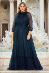 Plus Size Mother of the Bride A-Line/Princess Halter Dress with 3/4 Sleeves and Ruffles Floor-Length