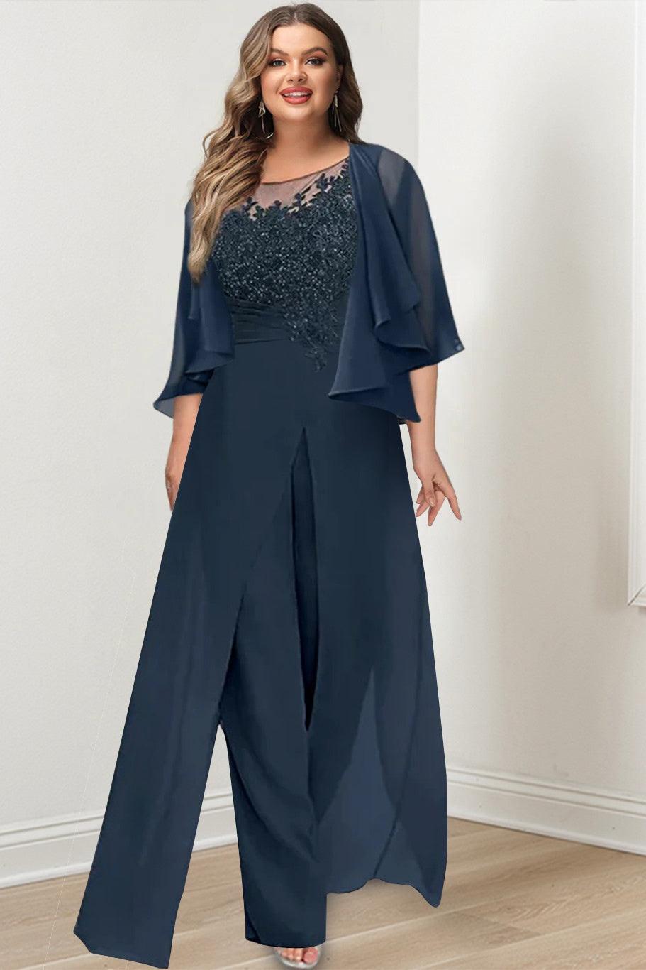 Plus Size Mother of the Bride A-Line/Princess Jumpsuit with Jacket Floor-Length Design Side Split & Appliques
