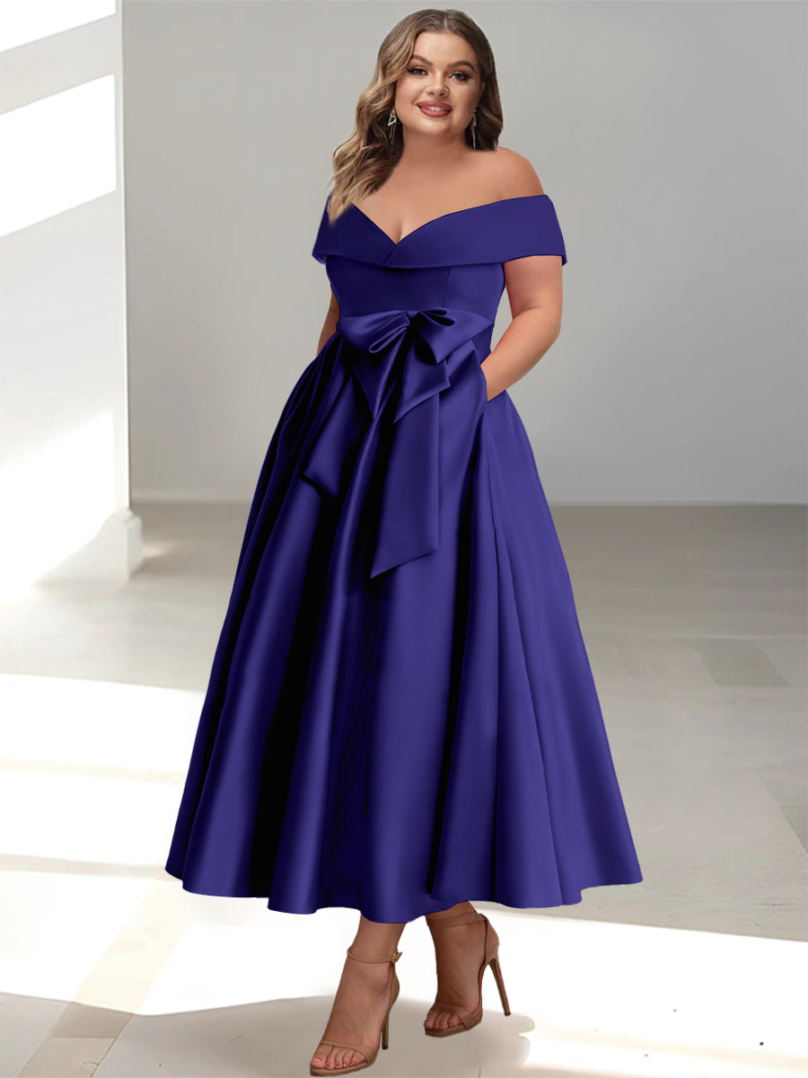 Plus Size Off-the-Shoulder Sleeveless A-Line/Princess Mother of the Bride Ankle-Length Dress with Pockets