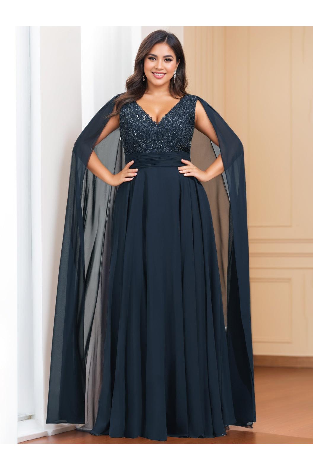 Plus Size Sleeveless V-Neck A-Line Princess Mother of the Bride Dress with Floor-Length Sequins & Watteau Train