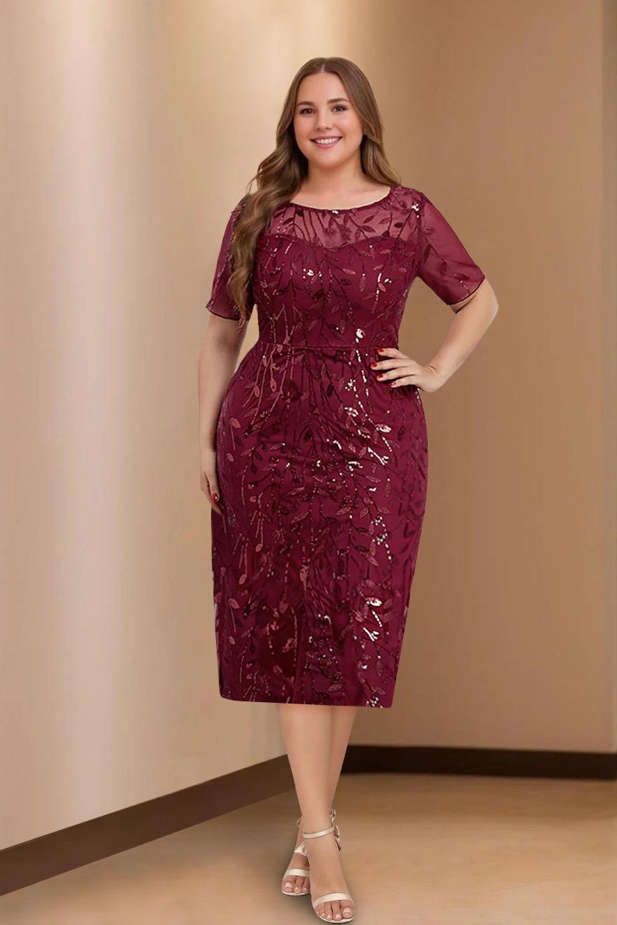 Plus Size Tea-Length Mother of the Bride Dress with Scoop Neck and Half Sleeves