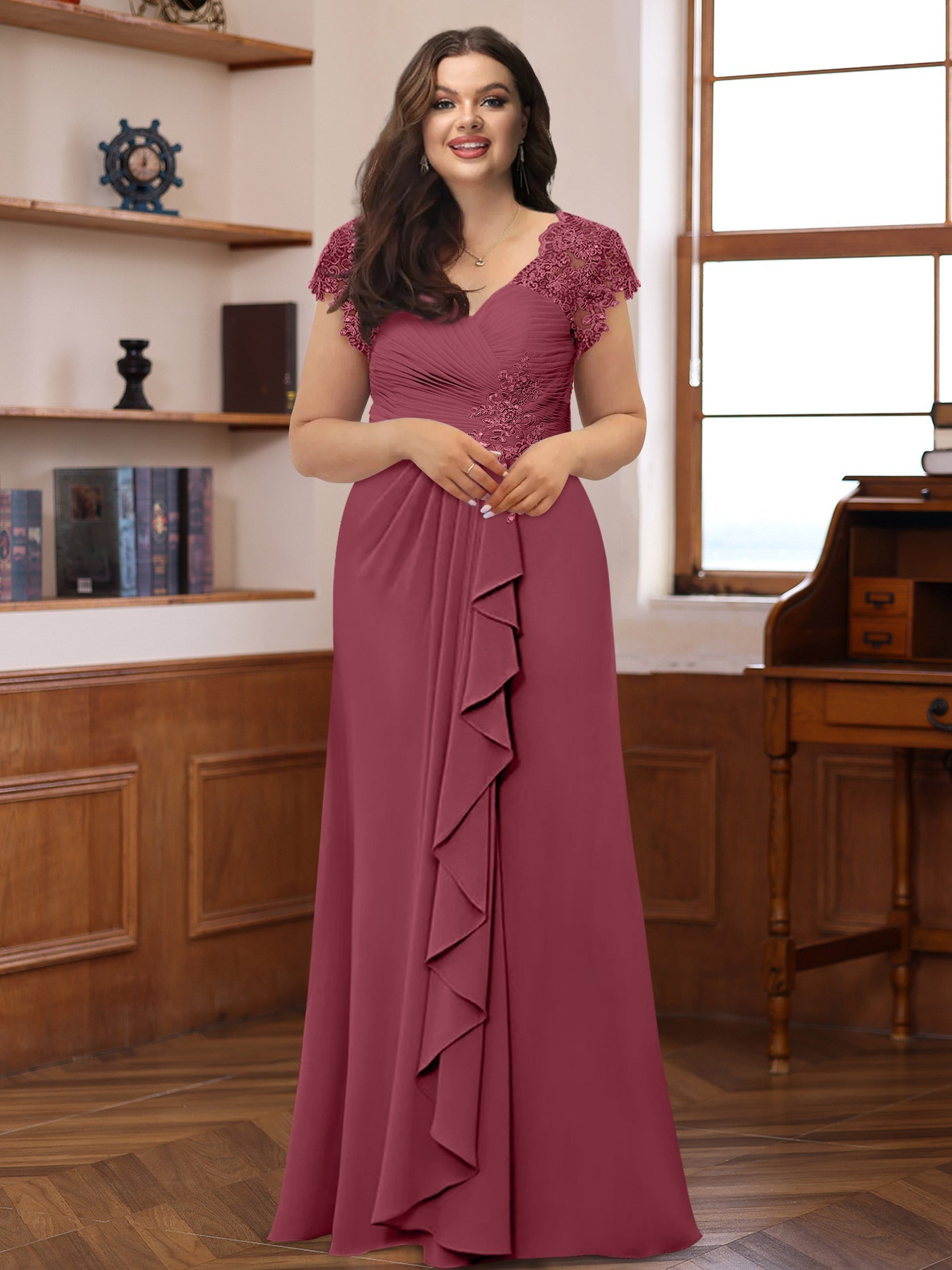 Plus Size V-Neck A-Line Princess Dress with Short Sleeves Ruffles and Appliques for Mothers of the Bride & Groom