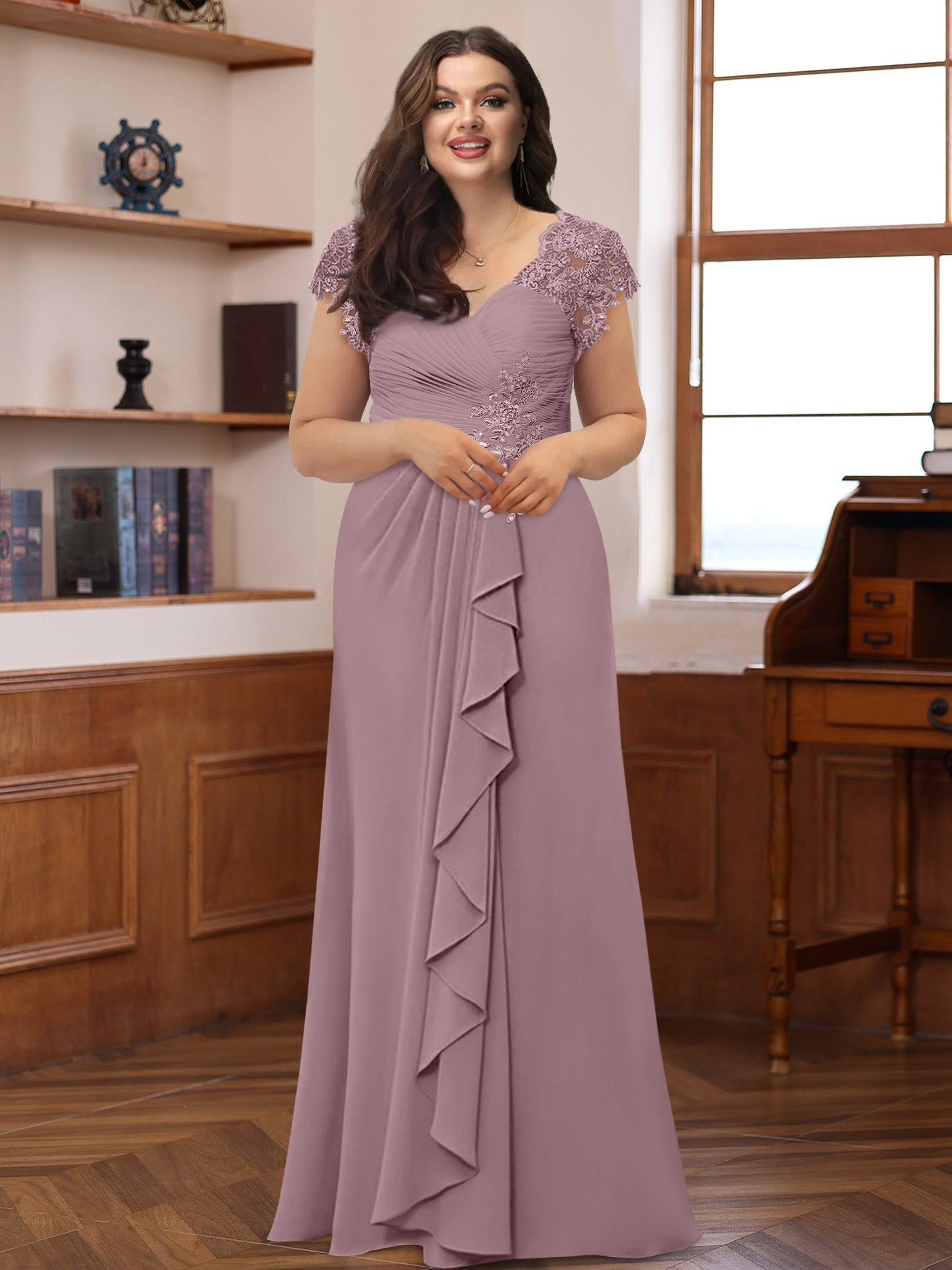 Plus Size V-Neck A-Line Princess Dress with Short Sleeves Ruffles and Appliques for Mothers of the Bride & Groom