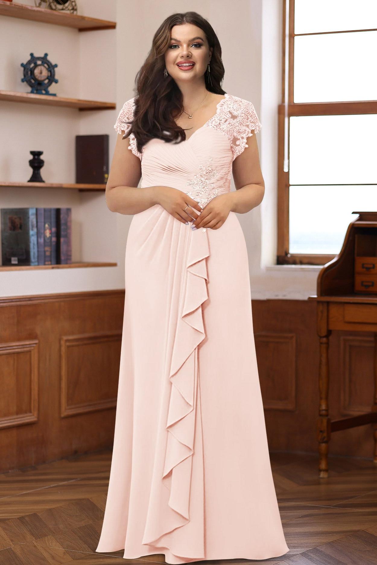 Plus Size V-Neck A-Line Princess Dress with Short Sleeves Ruffles and Appliques for Mothers of the Bride & Groom