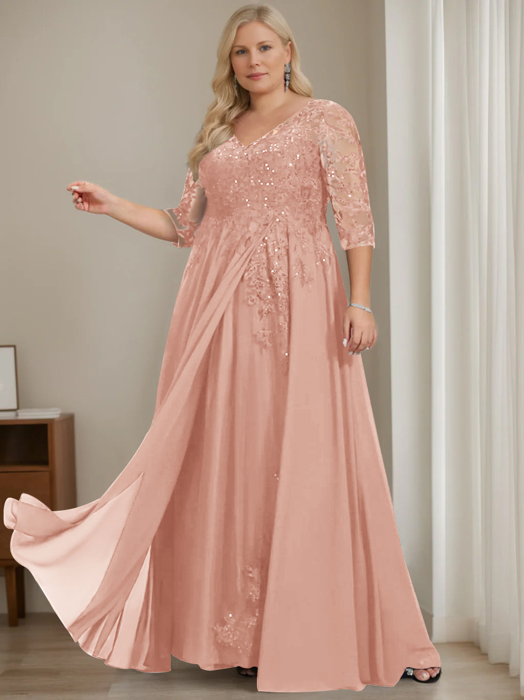 Plus Size V-Neck A-Line Princess Floor-Length Mother of the Bride Dress with Half Sleeves and Sequins