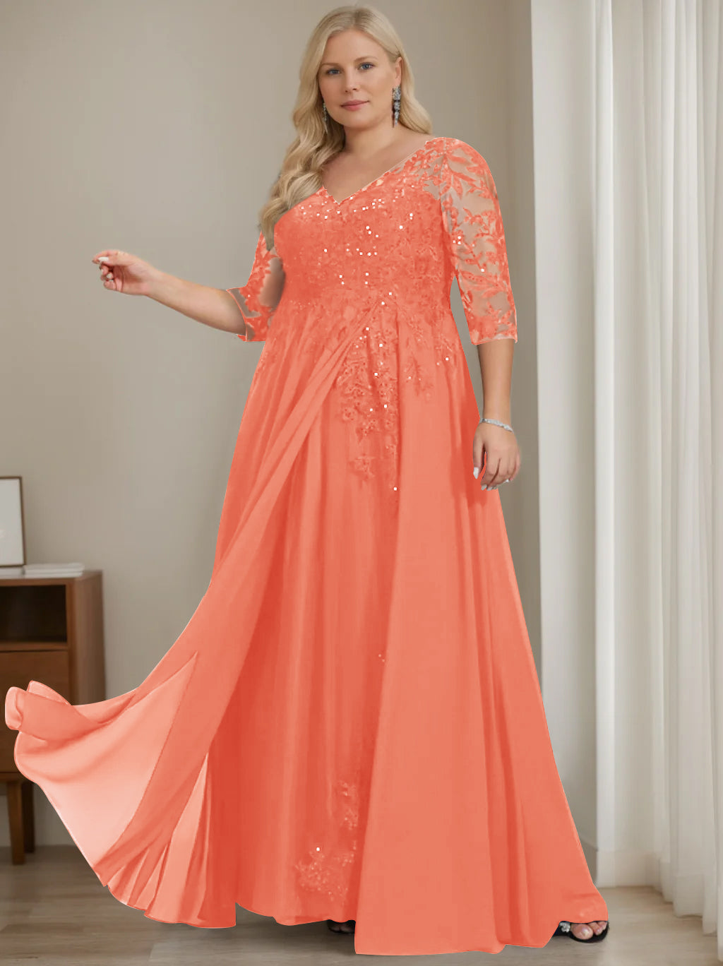 Plus Size V-Neck A-Line Princess Floor-Length Mother of the Bride Dress with Half Sleeves and Sequins