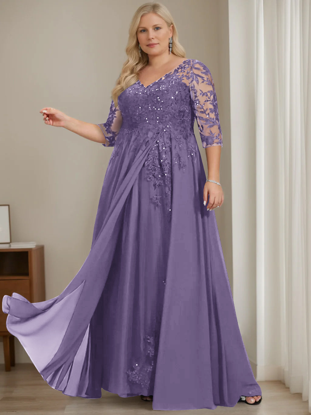 Plus Size V-Neck A-Line Princess Floor-Length Mother of the Bride Dress with Half Sleeves and Sequins
