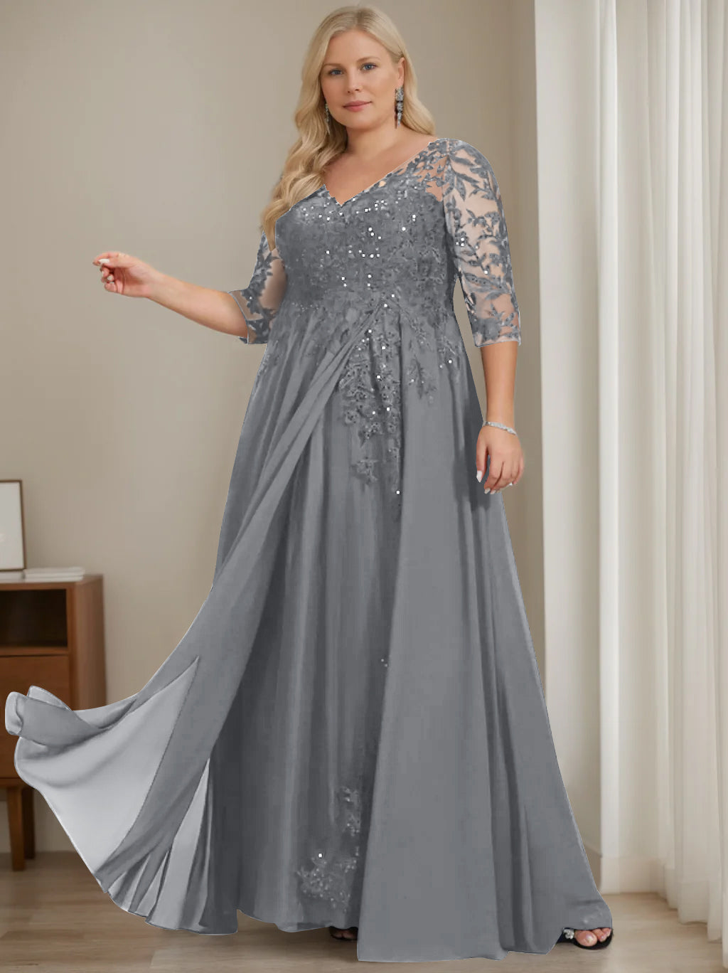 Plus Size V-Neck A-Line Princess Floor-Length Mother of the Bride Dress with Half Sleeves and Sequins
