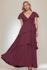 Plus Size V-Neck A-Line Princess Floor-Length Mother of the Bride Dress with Ruffles and Short Sleeves