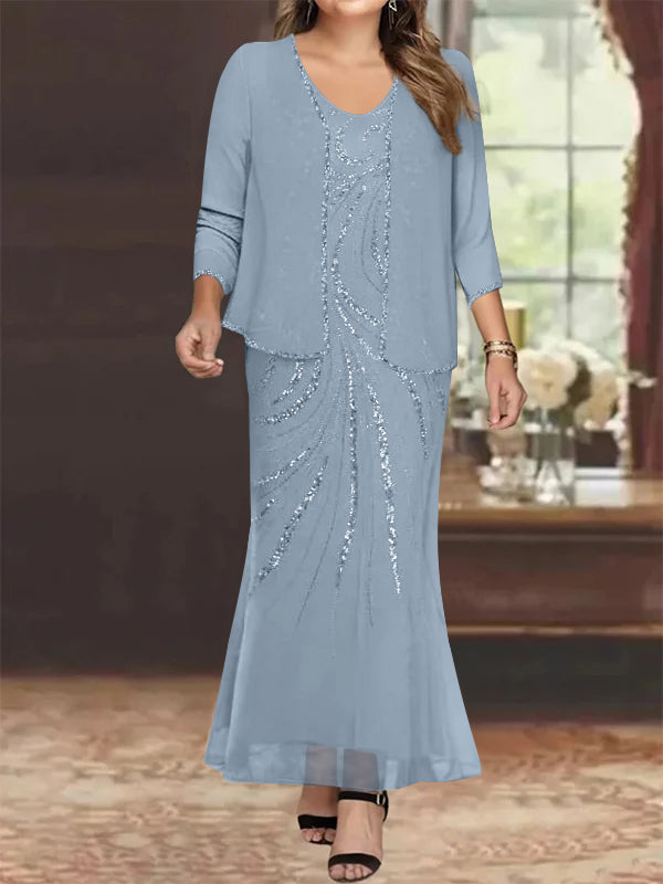 Plus Size V-Neck Ankle-Length Sheath/Column Mother of the Bride Dresses with Sequins & Jacket