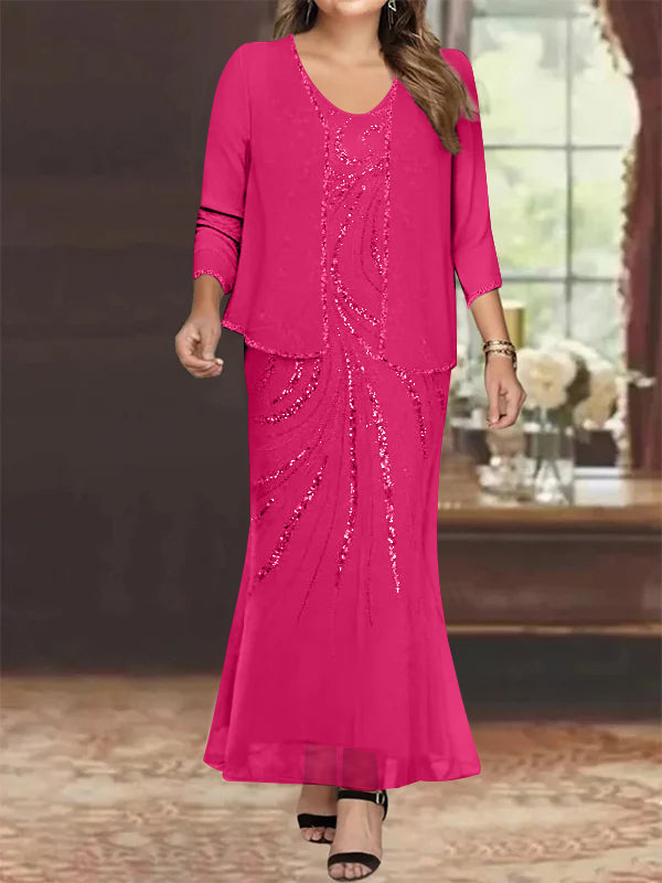 Plus Size V-Neck Ankle-Length Sheath/Column Mother of the Bride Dresses with Sequins & Jacket