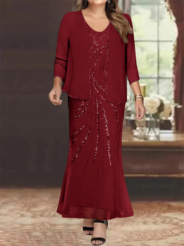 Plus Size V-Neck Ankle-Length Sheath/Column Mother of the Bride Dresses with Sequins & Jacket