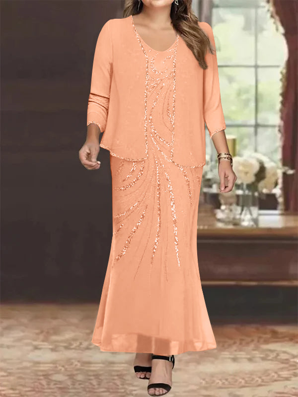 Plus Size V-Neck Ankle-Length Sheath/Column Mother of the Bride Dresses with Sequins & Jacket