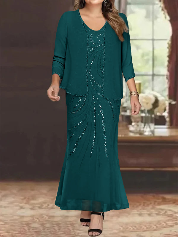Plus Size V-Neck Ankle-Length Sheath/Column Mother of the Bride Dresses with Sequins & Jacket