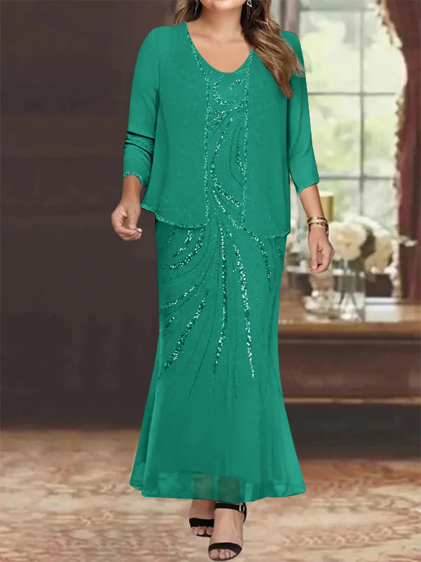 Plus Size V-Neck Ankle-Length Sheath/Column Mother of the Bride Dresses with Sequins & Jacket