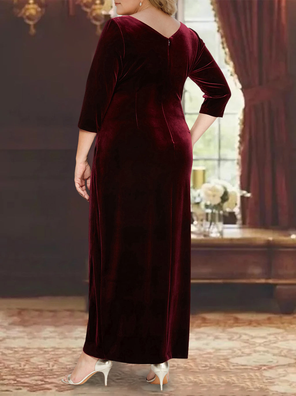 Plus Size V-Neck Princess A-Line Mother of the Bride Dress with 3/4 Sleeves and Asymmetrical Ruffles