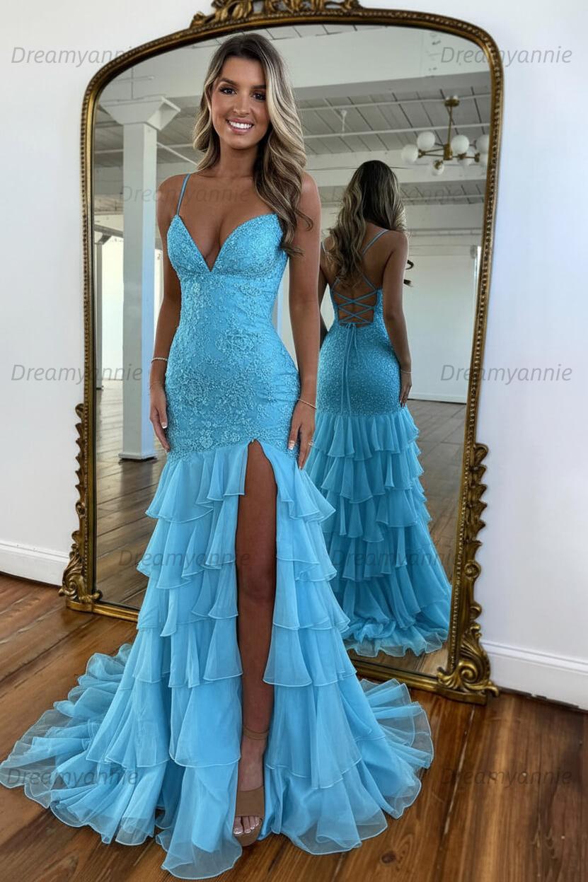 Charming Mermaid Spaghetti Straps Lace Up Long Prom Dress With Ruffle Skirt Formal Evening Gown