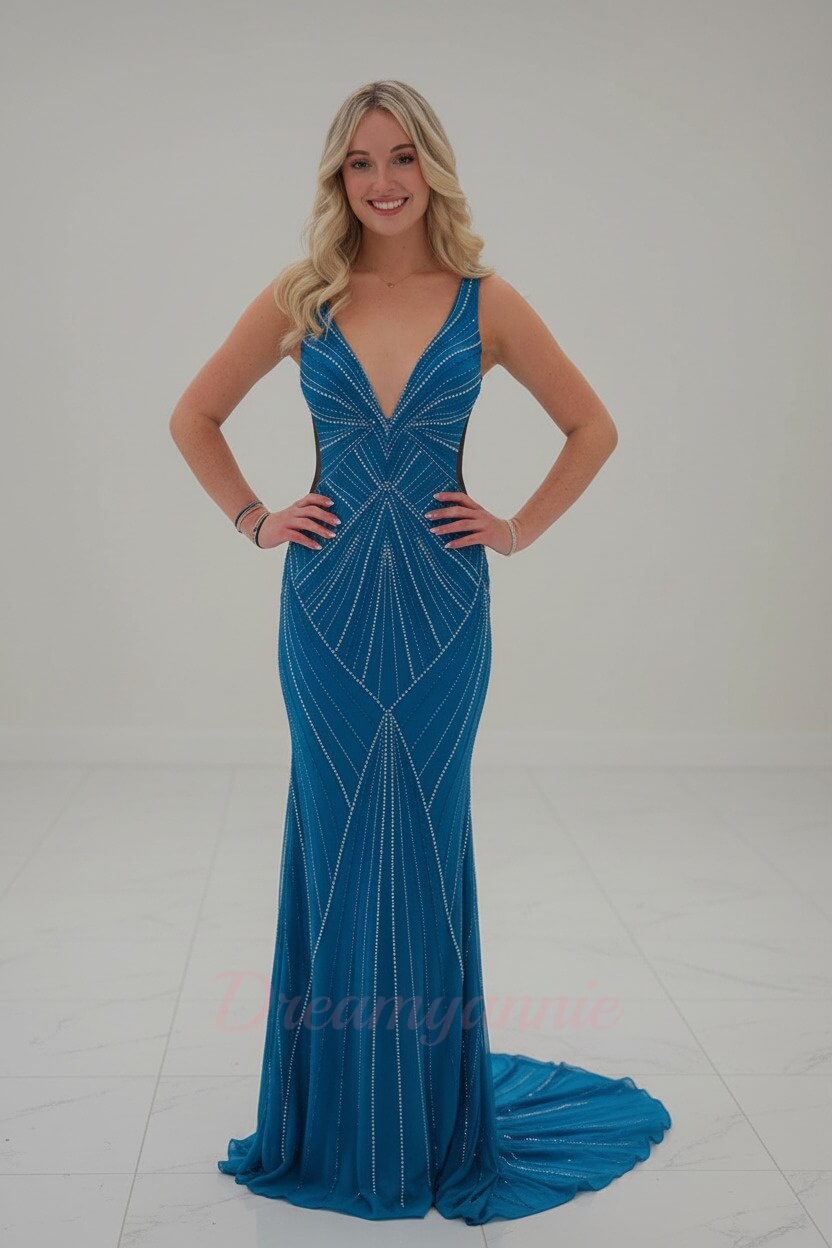 Dreamyannie Black Prom Dress V-Neck Sheath Beaded Formal Dress