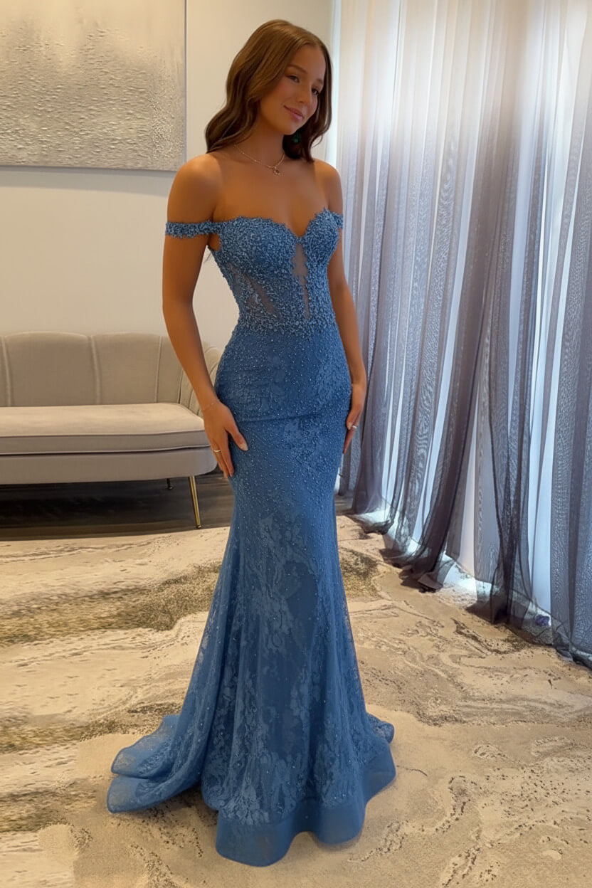 Dreamyannie Navy Prom Dress Off The Shoulder Mermaid Long Lace Formal Dress