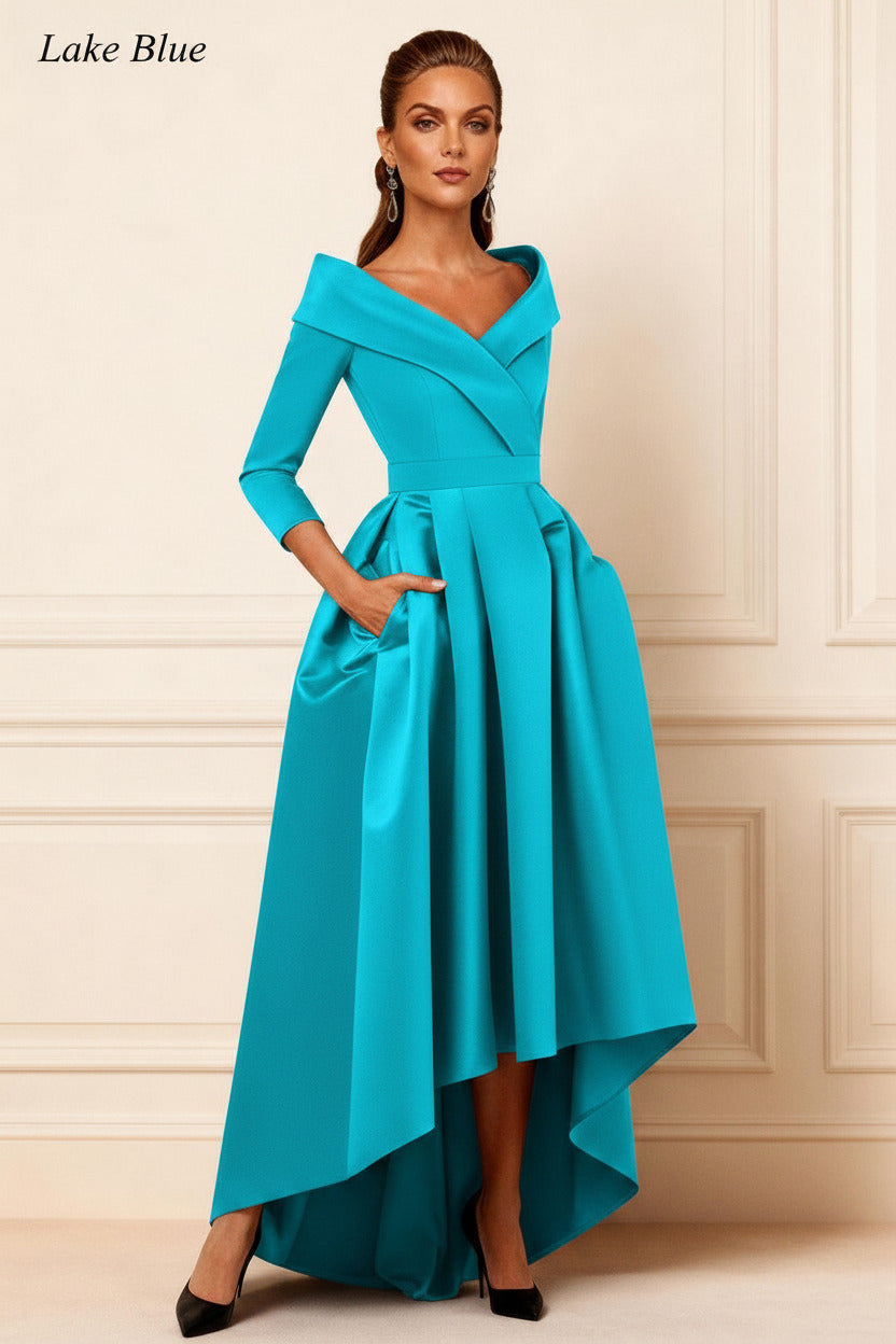 Dreamyannie Dark Navy V Neck Satin High Low Mother Of The Bride Dress With Pockets
