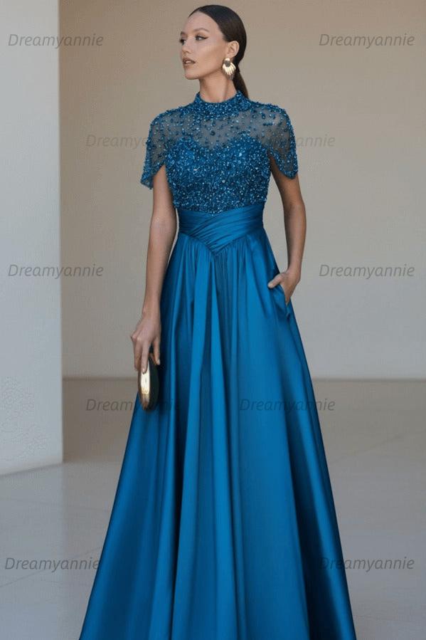 Green A Line Prom Dress Short Sleeve High Neck Beaded Evening Dress