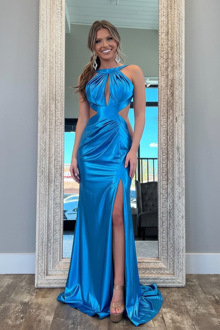 Stylish Fuchsia Metallic Mermaid Prom Dress With Slit And Open Back Formal Evening Gown