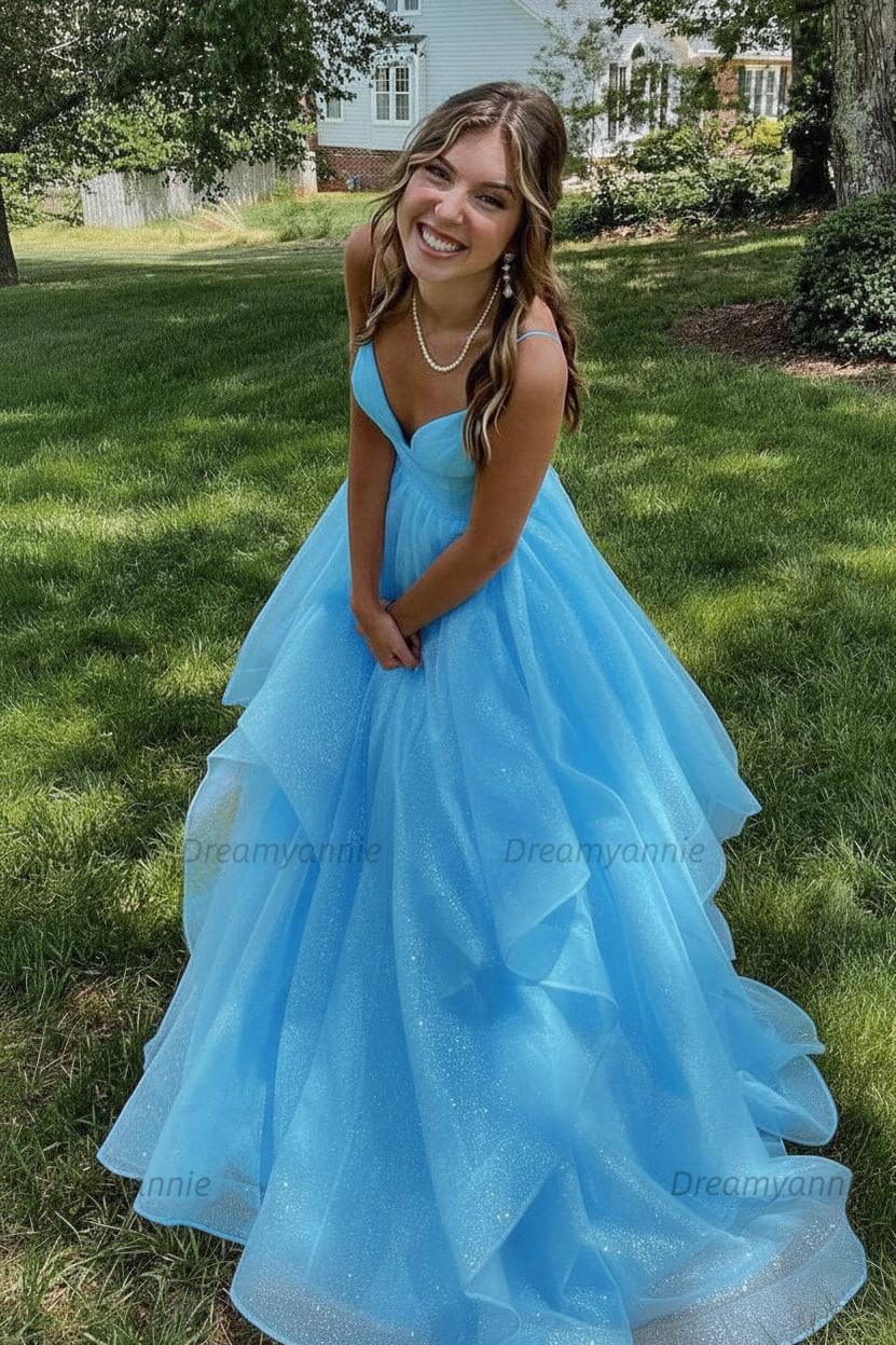 Pink Prom Dress V Neck Tulle Long Formal Evening Dress