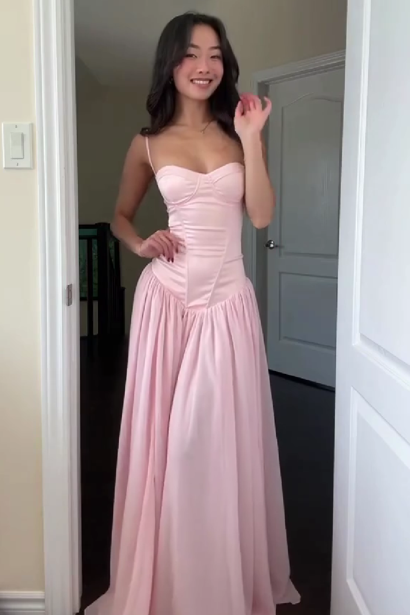 Pretty A Line Spaghetti Straps Pink Corset Prom Dress With Ruffles Formal Evening Gown