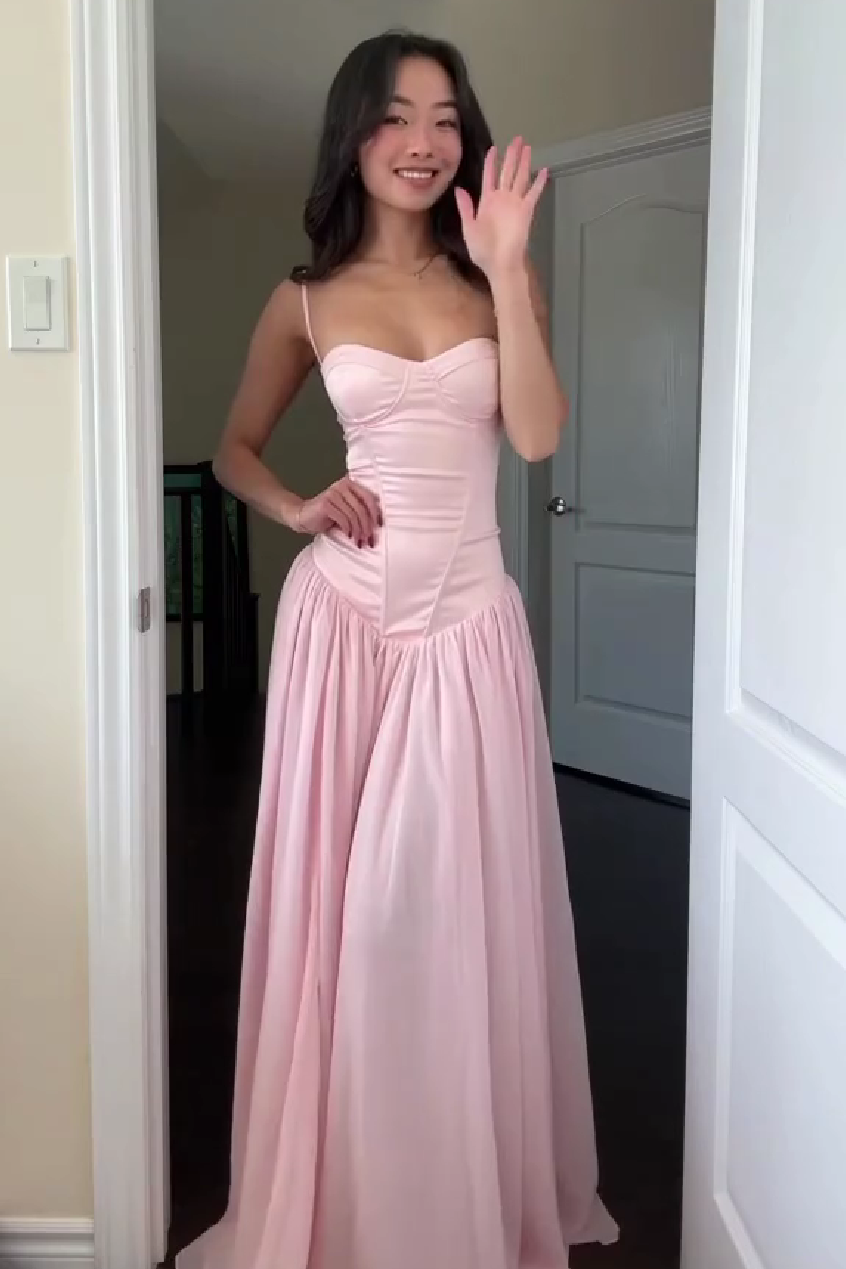 Pretty A Line Spaghetti Straps Pink Corset Prom Dress With Ruffles Formal Evening Gown
