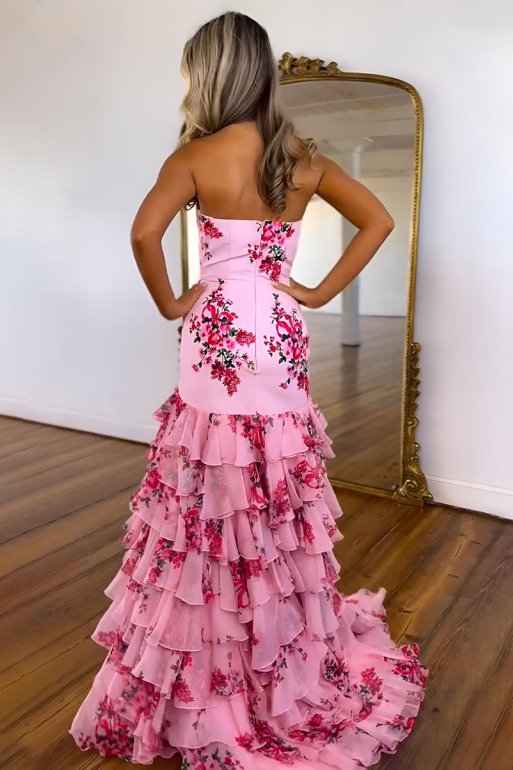 Blue Flower Prom Dress Sweetheart Mermaid Ruffled Long Formal Dress With Bow