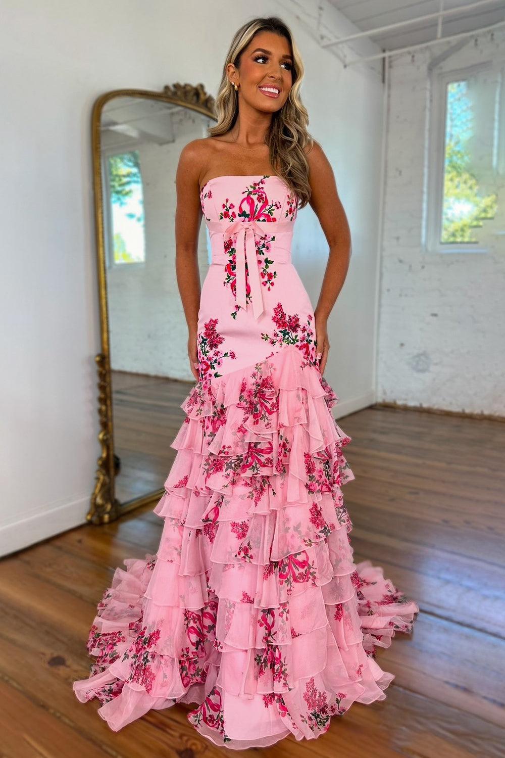 Blue Flower Prom Dress Sweetheart Mermaid Ruffled Long Formal Dress With Bow