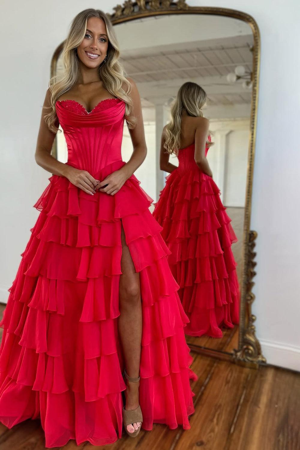 Pretty Sweetheart A-Line Satin Top Long Layered Chiffon Prom Dress With Slit Formal Evening Gown