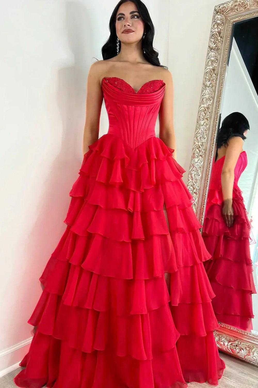 Pretty Sweetheart A-Line Satin Top Long Layered Chiffon Prom Dress With Slit Formal Evening Gown