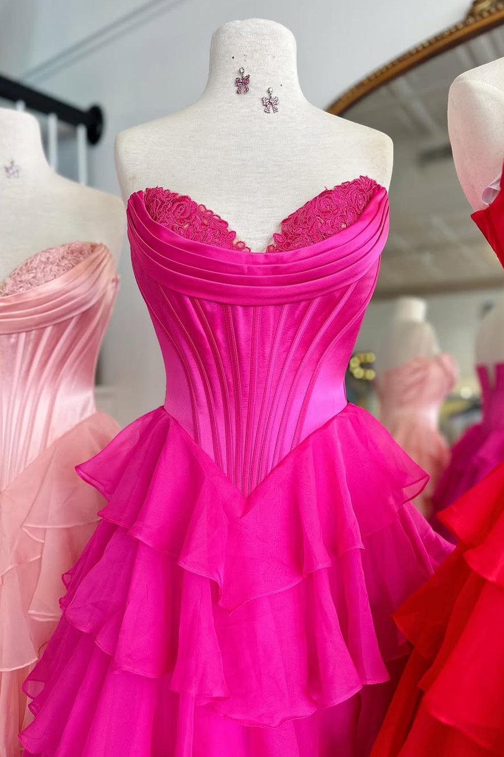 Pretty Sweetheart A-Line Satin Top Long Layered Chiffon Prom Dress With Slit Formal Evening Gown
