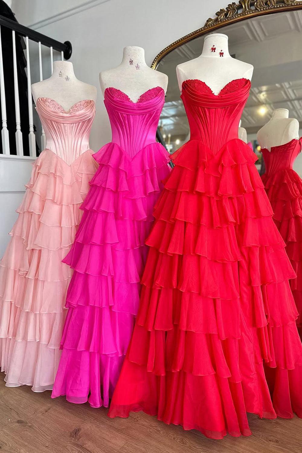 Pretty Sweetheart A-Line Satin Top Long Layered Chiffon Prom Dress With Slit Formal Evening Gown