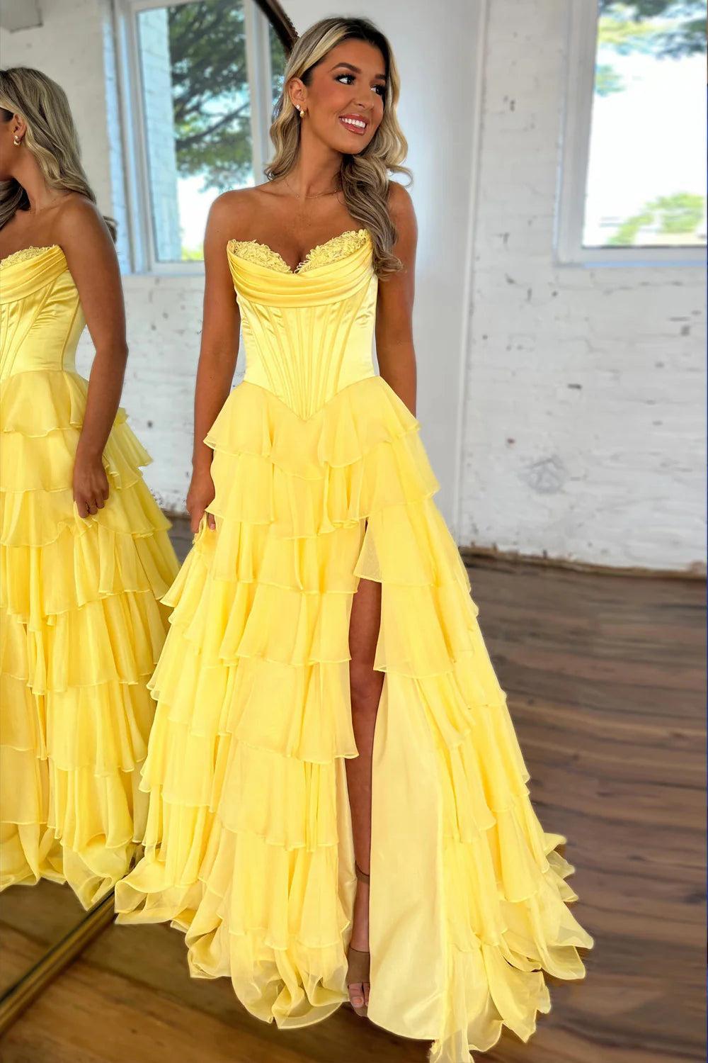 Pretty Sweetheart A-Line Satin Top Long Layered Chiffon Prom Dress With Slit Formal Evening Gown