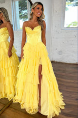 Pretty Sweetheart A-Line Satin Top Long Layered Chiffon Prom Dress With Slit Formal Evening Gown