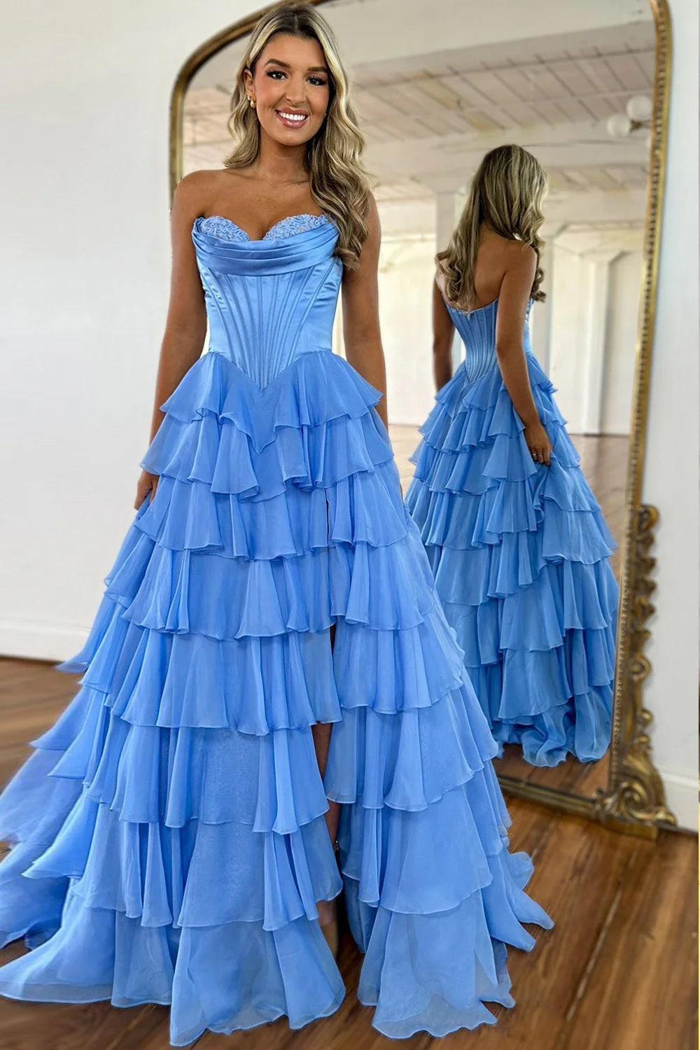 Pretty Sweetheart A-Line Satin Top Long Layered Chiffon Prom Dress With Slit Formal Evening Gown