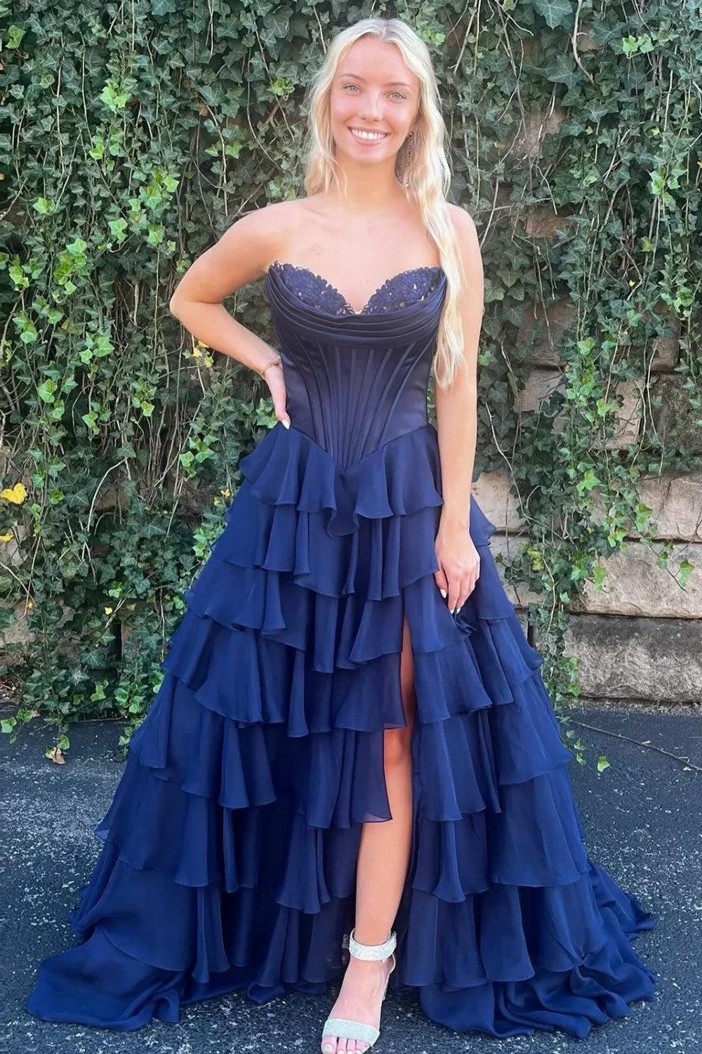 Pretty Sweetheart A-Line Satin Top Long Layered Chiffon Prom Dress With Slit Formal Evening Gown