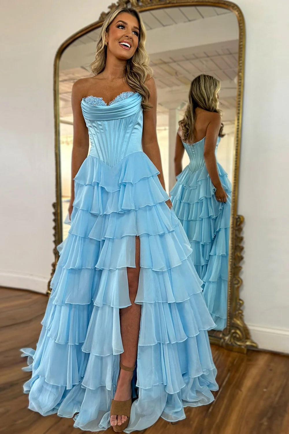 Pretty Sweetheart A-Line Satin Top Long Layered Chiffon Prom Dress With Slit Formal Evening Gown