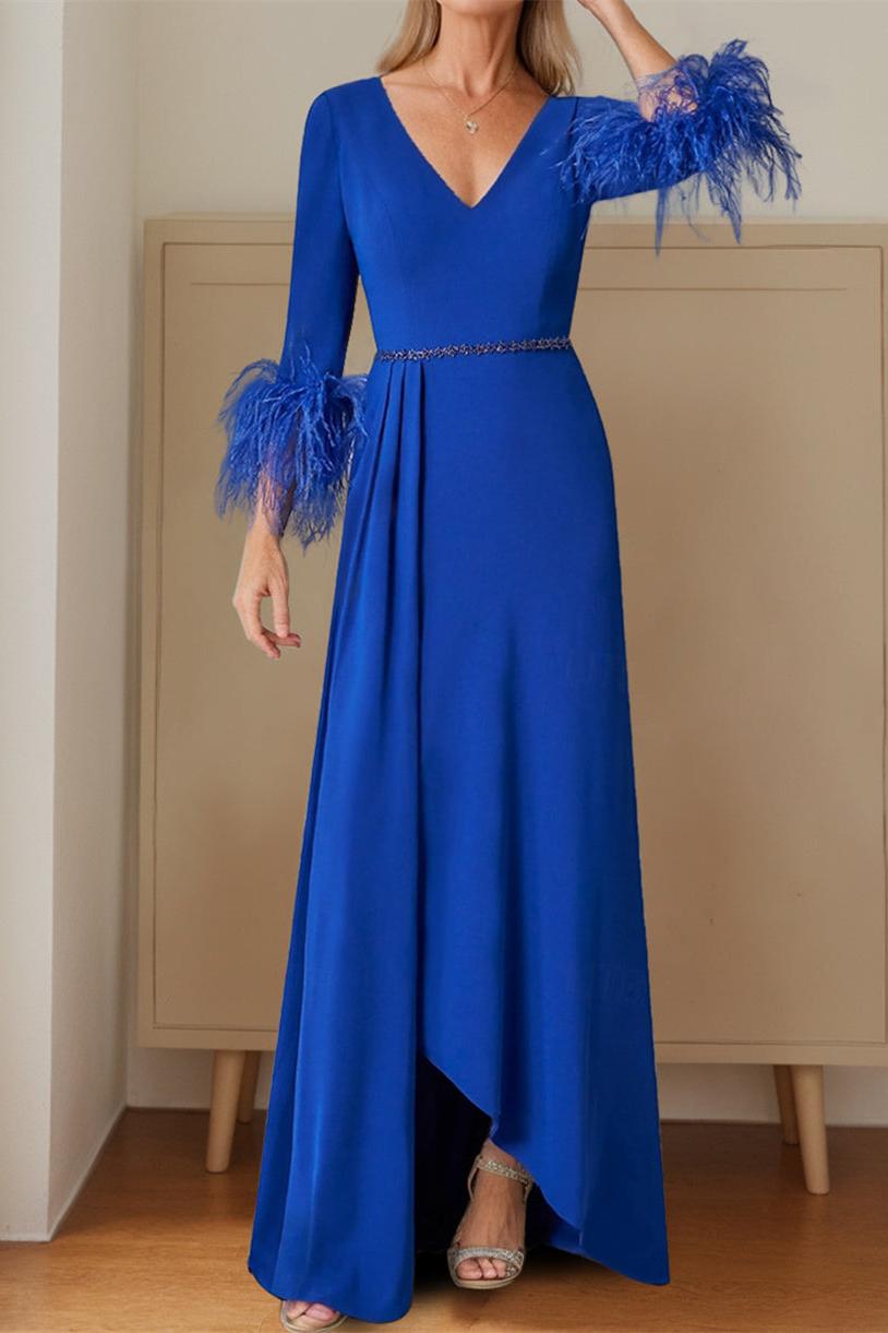 Princess A-Line Floor-Length Mother of the Bride Dress with Plunging Neckline and 3/4 Sleeves