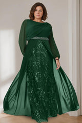 Princess A-Line Floor-Length Plus Size Mother of the Bride Gown with Scoop Neck and Long Sequined Sleeves
