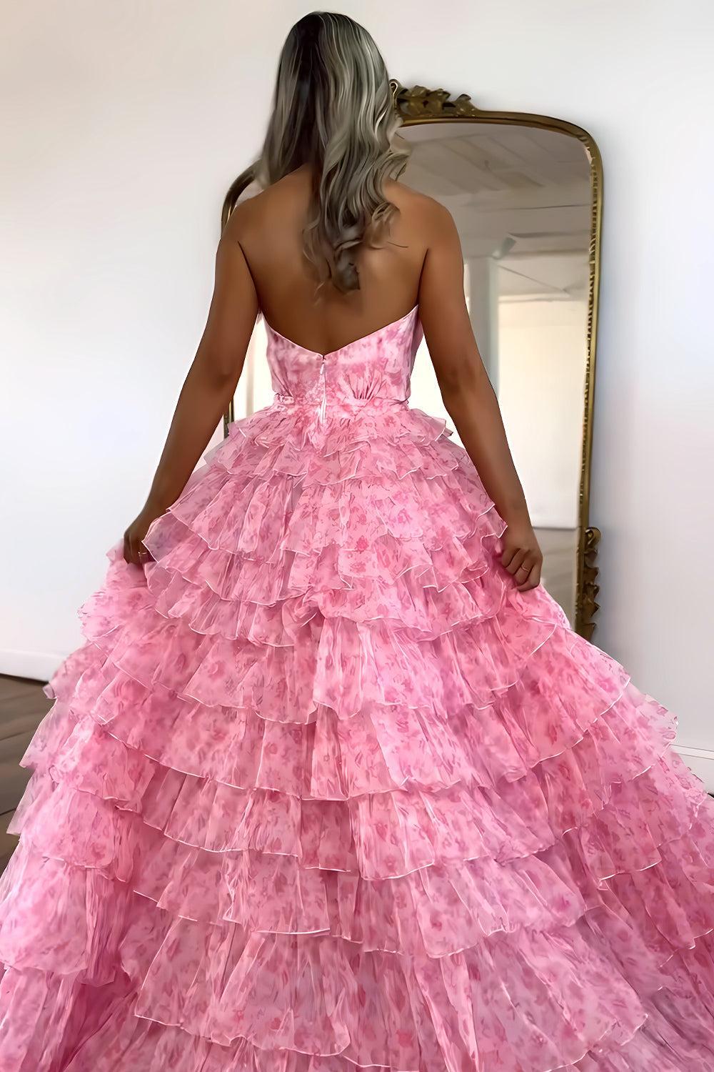 Princess A Line Halter Neck Pink Printed Tulle Long Prom Dress With Ruffles Formal Evening Gown