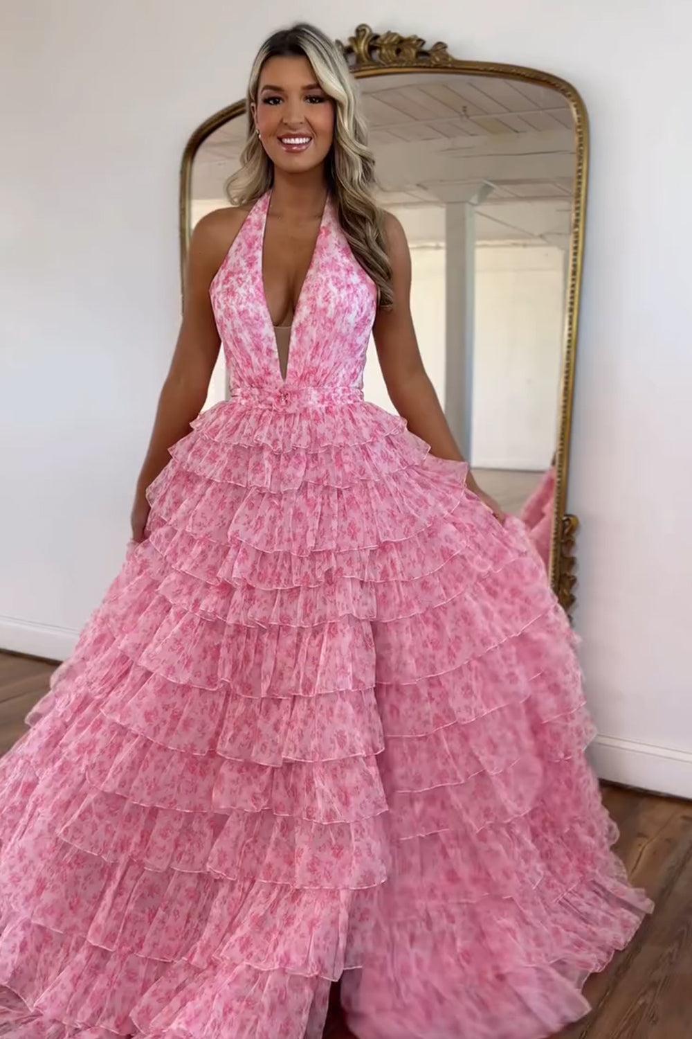Princess A Line Halter Neck Pink Printed Tulle Long Prom Dress With Ruffles Formal Evening Gown