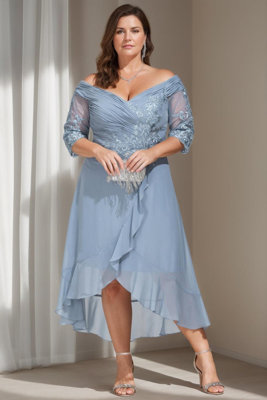 Princess A-Line Off-the-Shoulder Asymmetrical Plus Size Mother of the Bride Gown with 3/4 Sleeves and Sequins
