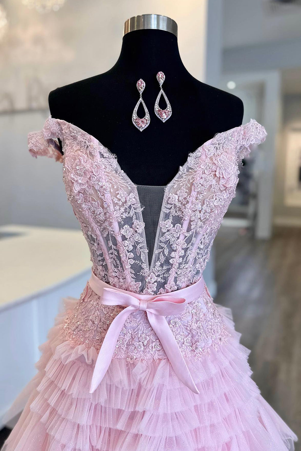 Princess A Line Off the Shoulder Light Pink Prom Dress Long Evening Dress with Ruffles