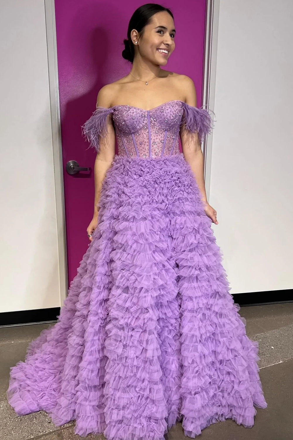 Princess A Line Off the Shoulder Pink Prom Dress Long Evening Dress with Feather
